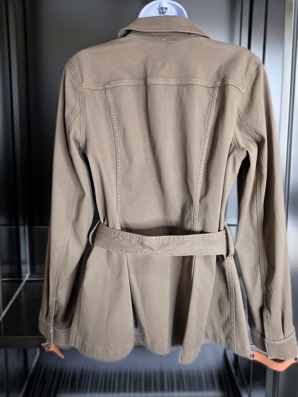 905 SPANX Tuscan Olive Green Belted Stretch Twill Utility Jacket Size Large - Picture 2 of 2